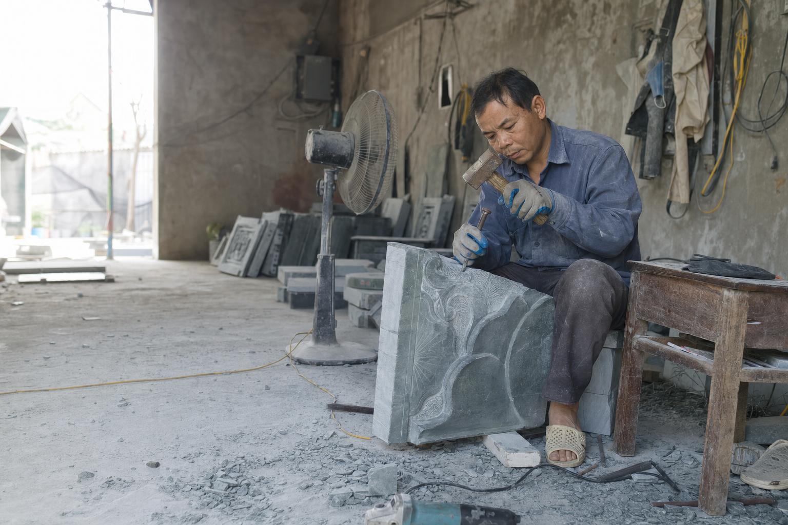 Nghệ nhân Quang Trung làm việc tại xưởng đá Ninh Vân