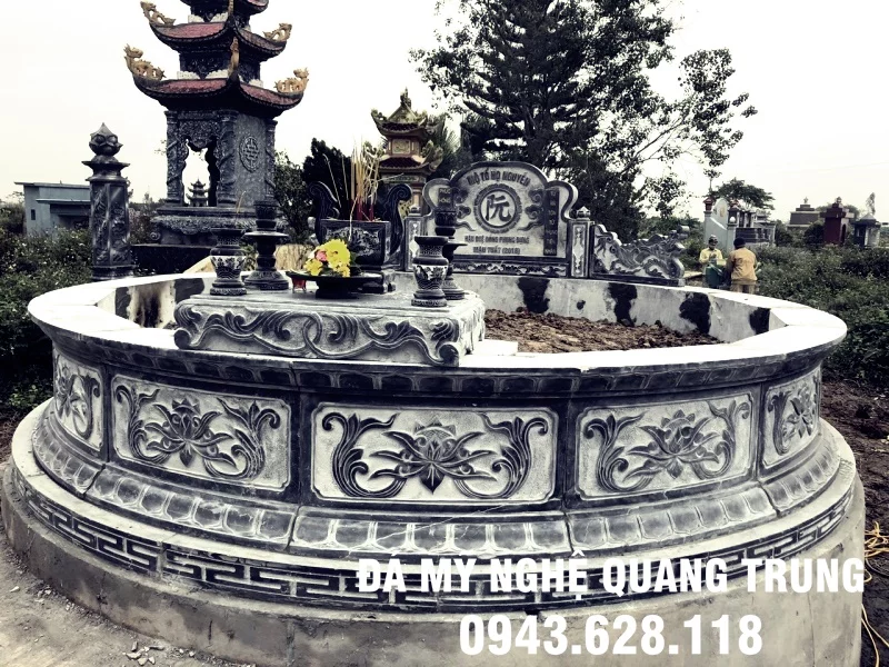 Khu lăng mộ đá tròn cao cấp đẹp từ đá xanh nguyên khối