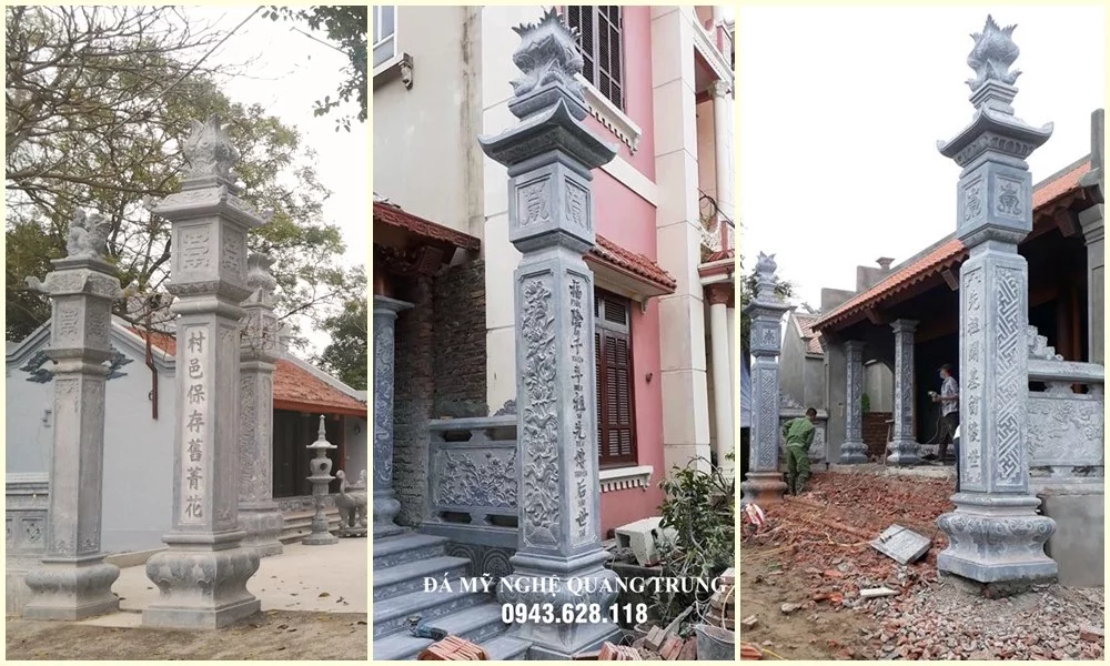 Đặt cột đá đồng trụ, Cột đá Nhà gỗ cổ truyền, Cột tứ trụ đá cho cổng Đình, Bảo điện, Từ đường,...