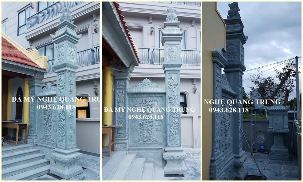 Cột đá đồng trụ - Mẫu Cột đá đẹp nguyên khối đá tự nhiên cao cấp cho Nhà thờ gỗ cổ truyền/Từ đường, Đình, Chùa, Bảo điện,...