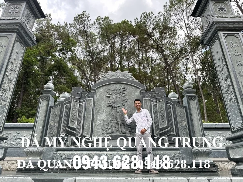 Cuốn thư đá xanh rêu Hộ Pháp kích thước lớn, nguyên khối cho khu Lăng Mộ đá xanh rêu cao cấp.
