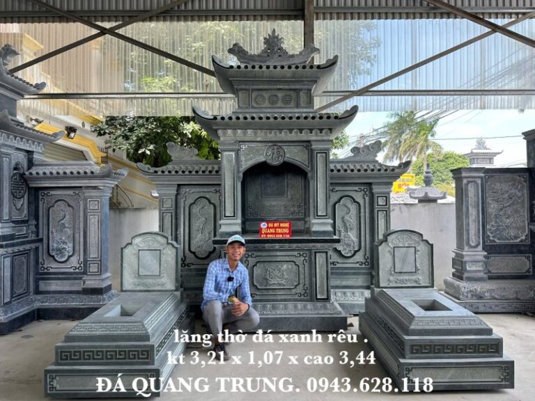 Mẫu Mộ đá xanh đen 81x127cm và Lăng thờ đá xanh rêu rộng 321cm