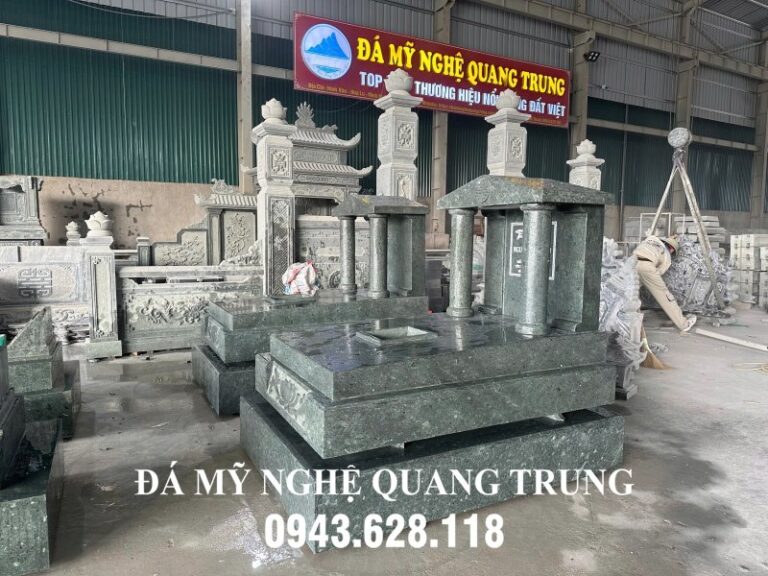 Mẫu Mộ xanh rêu granite đẹp 3 cấp, Mẫu Mộ có mái che