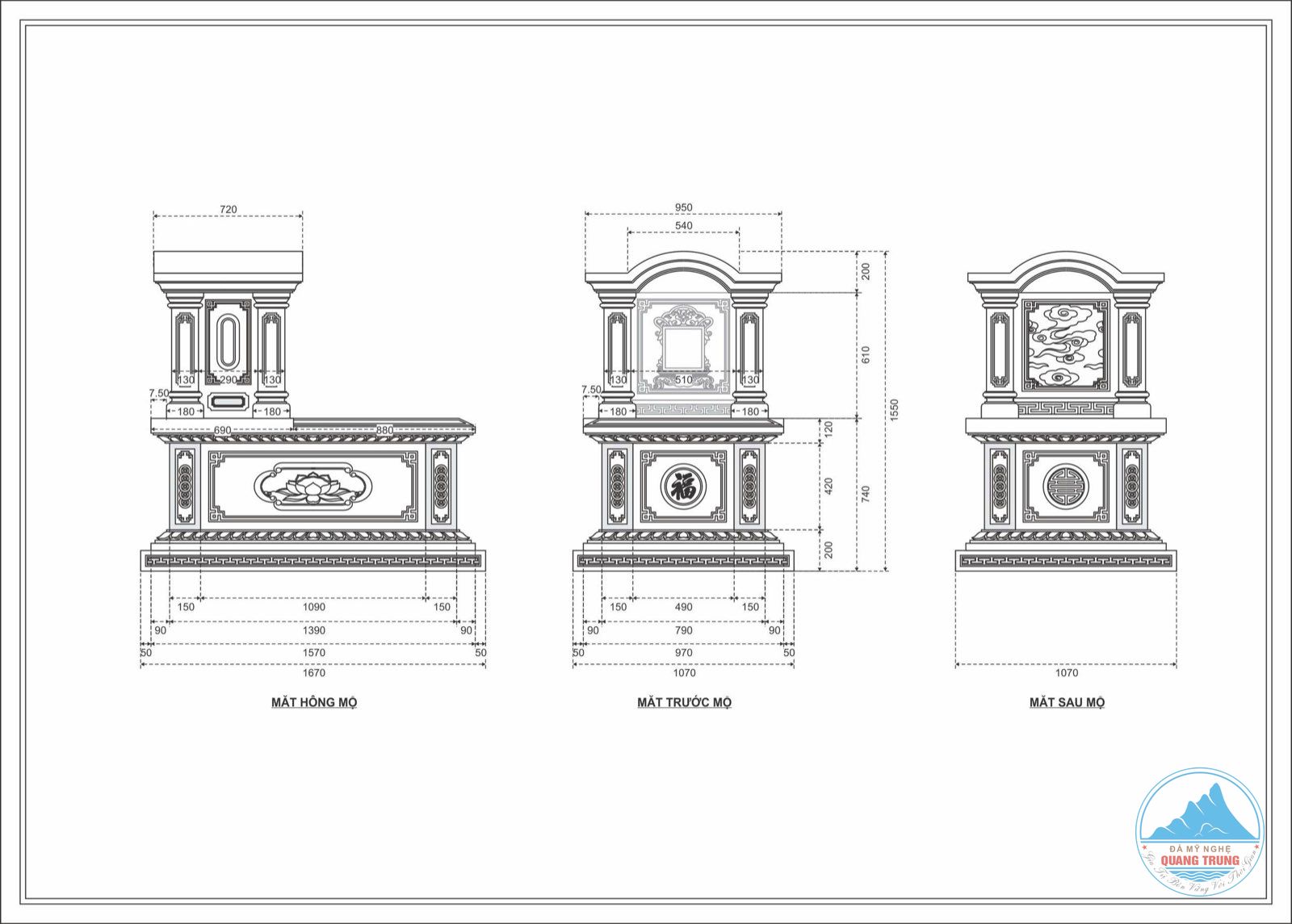 Bản vẽ ba mặt của mộ đá đơn granite xanh mái vòm